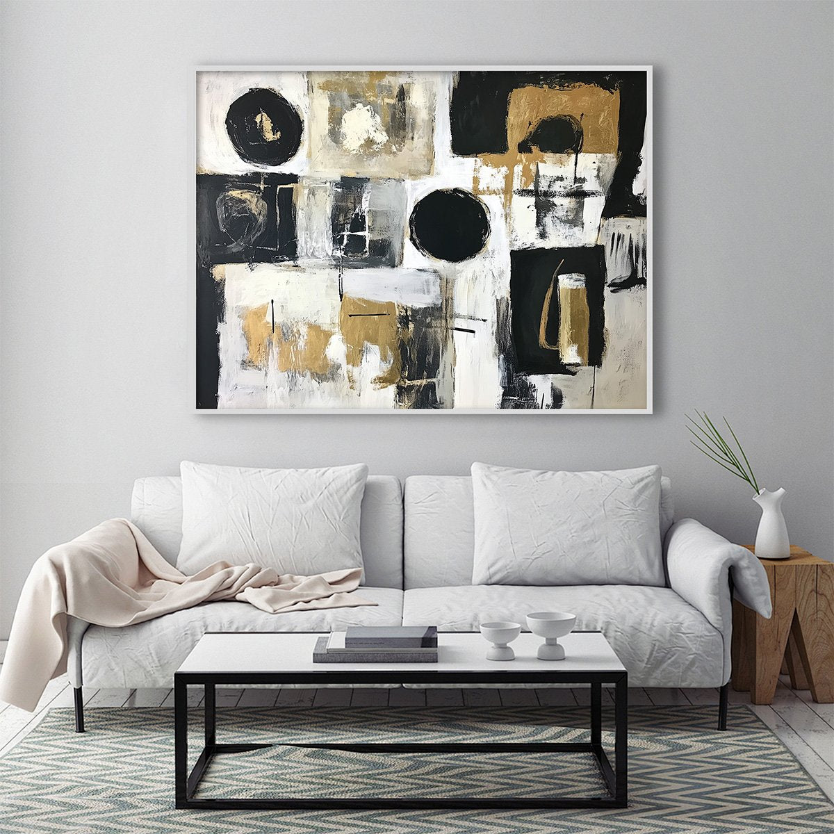 ALCHEMY GRID: Textured Abstract Painting in Black, White & Gold — Front View | Abstract Oil Painting for Home Decor