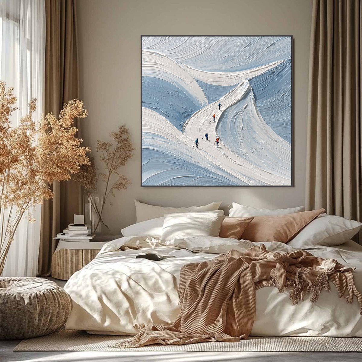 ALPINE ASCENT: Textured Impasto Skiing Mountainscape Painting — Front View | Abstract Oil Painting for Home Decor