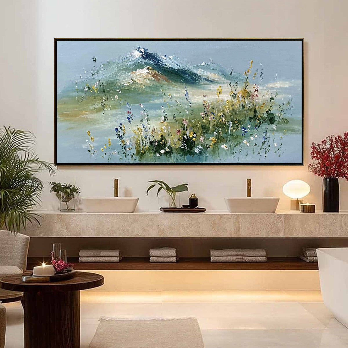 ALPINE BLOOM: Textured Palette Knife Mountain & Wildflower Landscap... — Front View | Abstract Oil Painting for Home Decor
