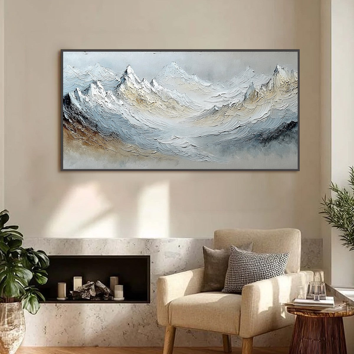 ALPINE CREST: Heavily Textured Wabi Sabi Mountain Landscape Painting — Front View | Abstract Oil Painting for Home Decor