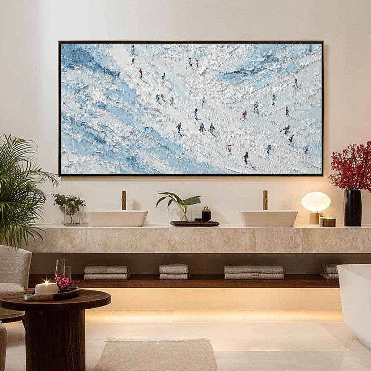 ALPINE DESCENT: Textured Impasto Painting of Skiers on a Snowy Moun... — Front View | Abstract Oil Painting for Home Decor
