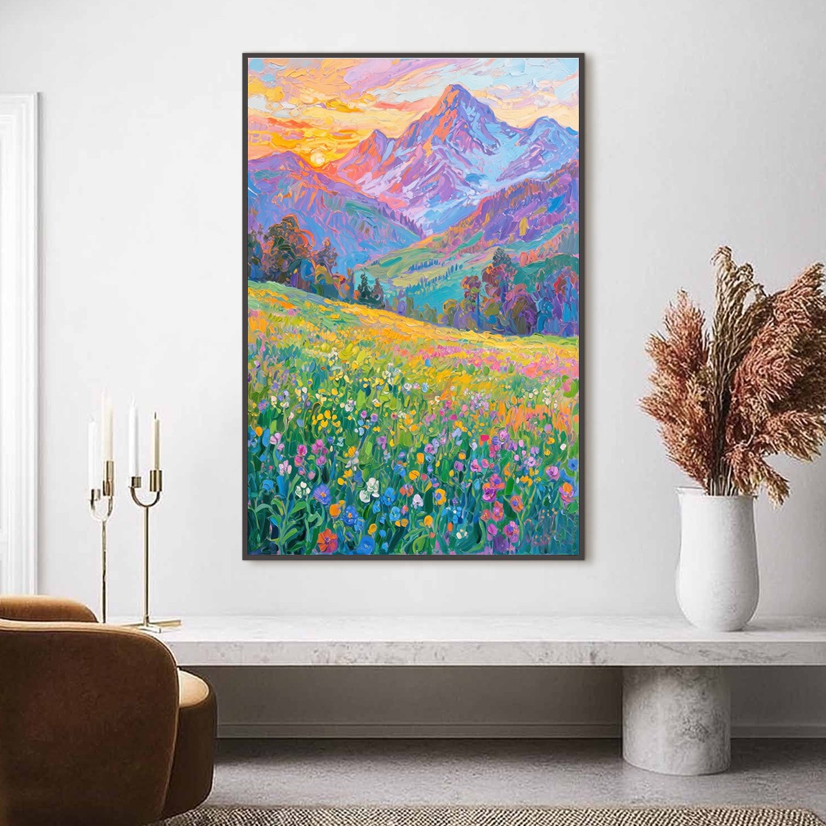 ALPINE BLOOM: Impasto Colorful Mountain Landscape Painting — Front View | Abstract Oil Painting for Home Decor