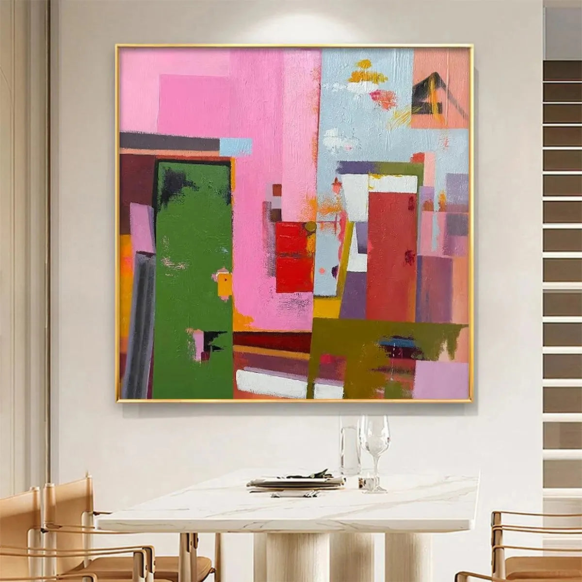 ABSTRACT URBAN SCENE: Colorful Abstract City Painting, Square Wall Art — Front View | Abstract Oil Painting for Home Decor