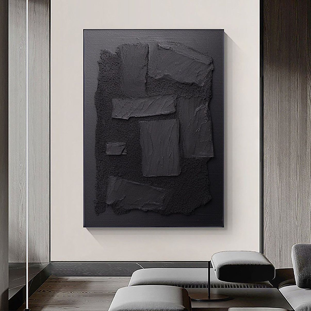 3D Textured Black | Sculptural Abstract... | Canvas Art | QSQart — Front View | Abstract Oil Painting for Home Decor