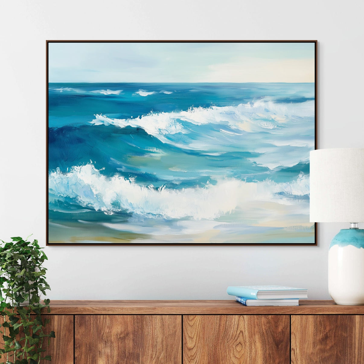 Aqua Waves | Hand-Painted Canvas Art | QSQart — Front View | Abstract Oil Painting for Home Decor