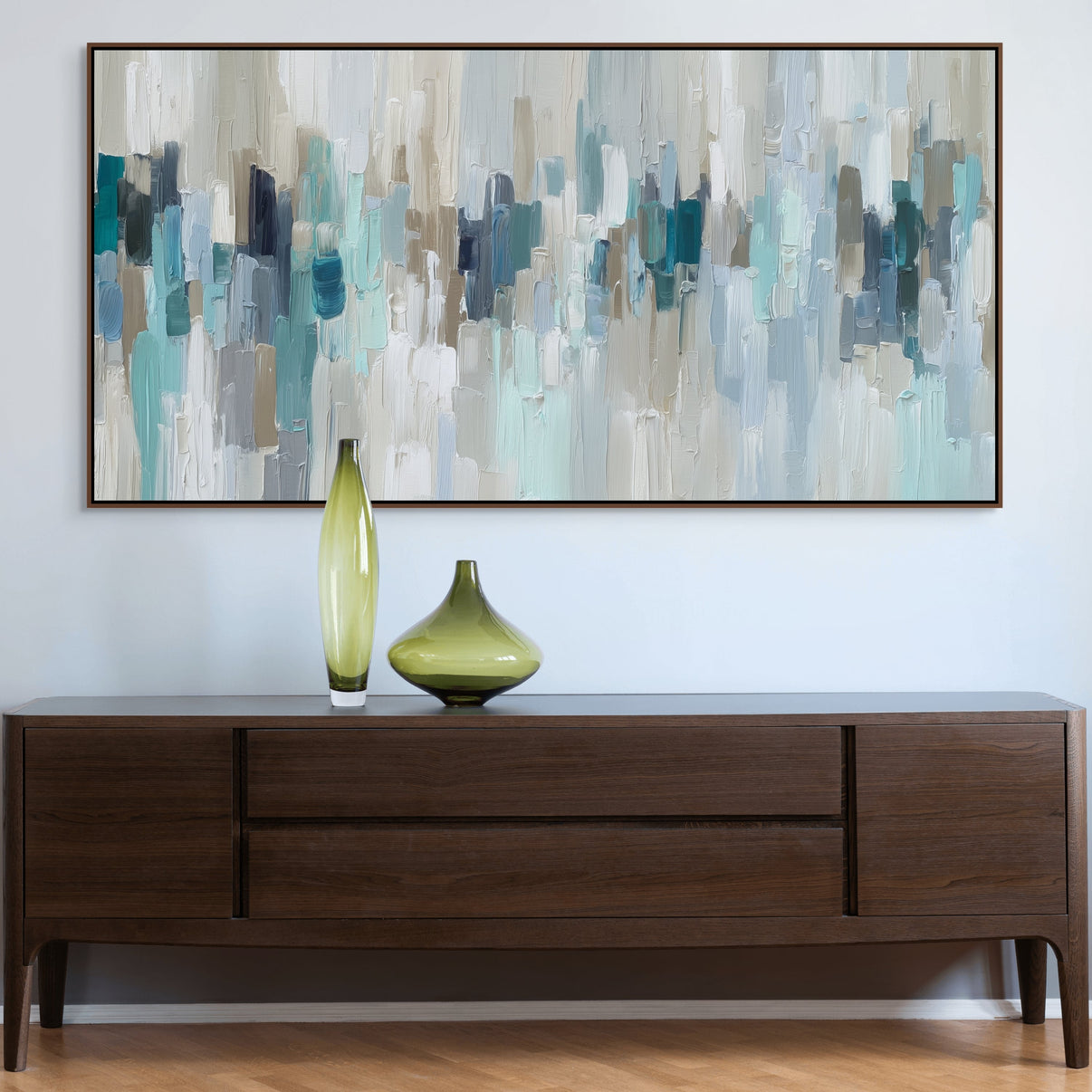 Aqua City Drizzle | Hand-Painted Canvas Art | QSQart — Front View | Abstract Oil Painting for Home Decor