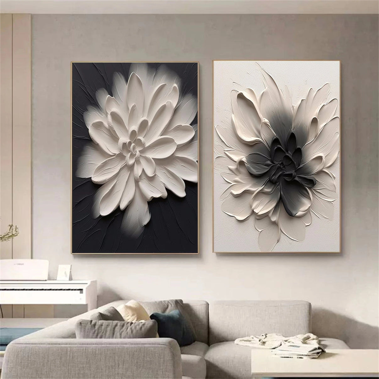 3D Textured Flower Set | Black & White... | Canvas Art | QSQart — Front View | Abstract Oil Painting for Home Decor