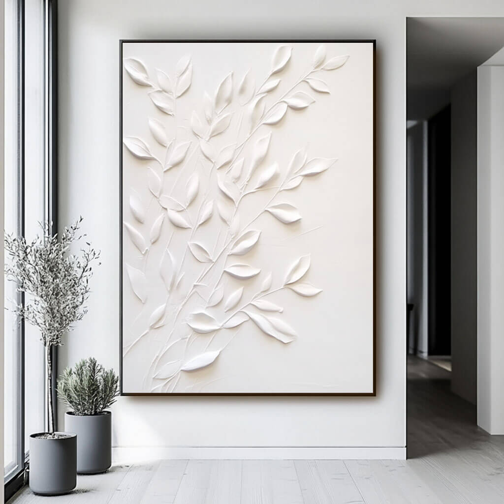 3D Textured White Leaf | Minimalist Plaster... | Canvas Art | QSQart — Front View | Abstract Oil Painting for Home Decor