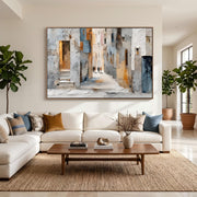 "Impressionist Art｜European Old Town Street" - Modern Heavy Impasto Abstract Artwork | Rich Color Palette Knife Painting | Luxury Horizontal Wall Art #Q 43