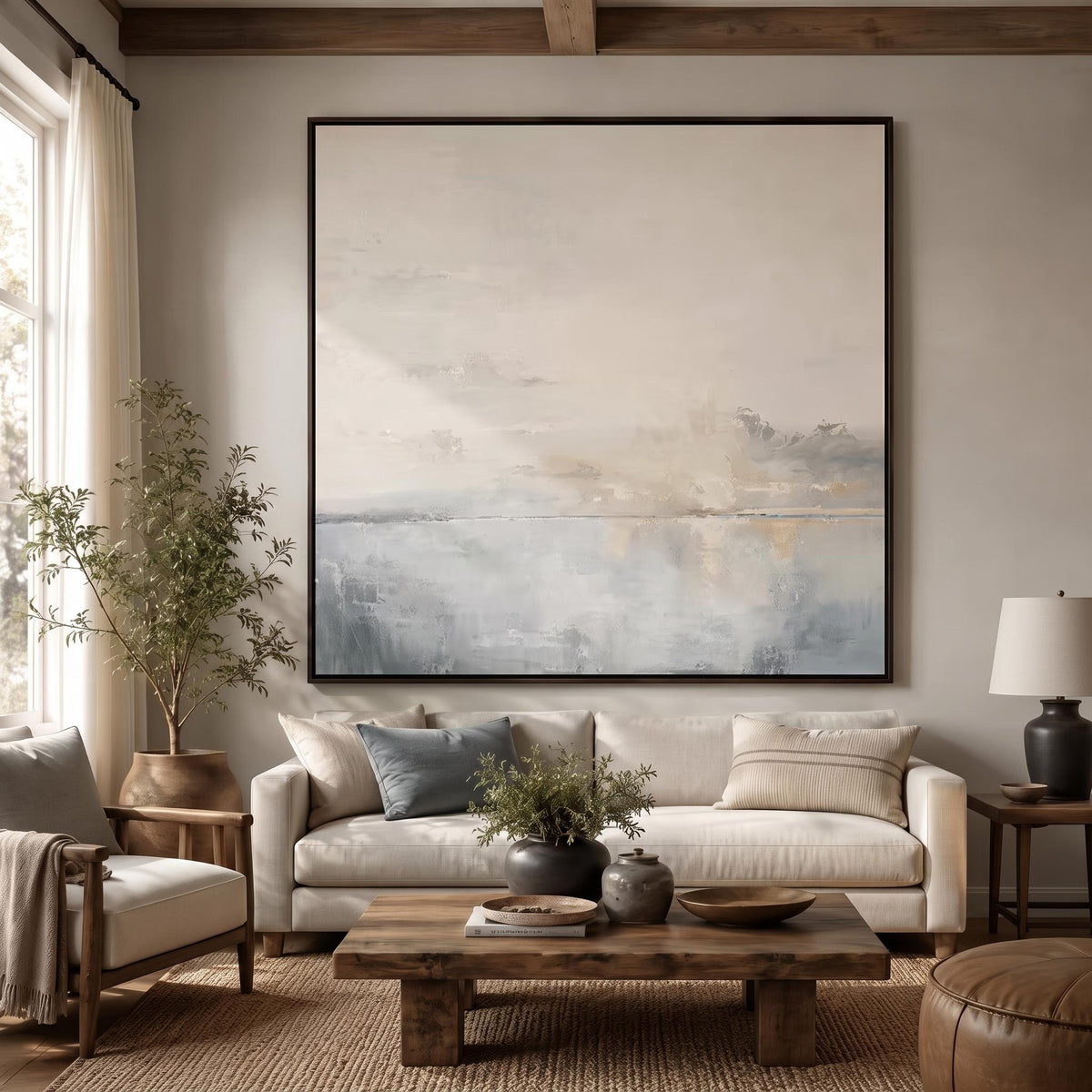 "Abstract Art｜Square Hazy Abstract Seascape" - Modern Heavy Impasto Abstract Artwork | Rich Color Palette Knife Painting | Luxury Square Wall Art #Q 22