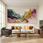 Chromatic Echo – Modern Impasto Heavy Texture Abstract Painting | Bohemian Horizontal Living Room Art #Q 544