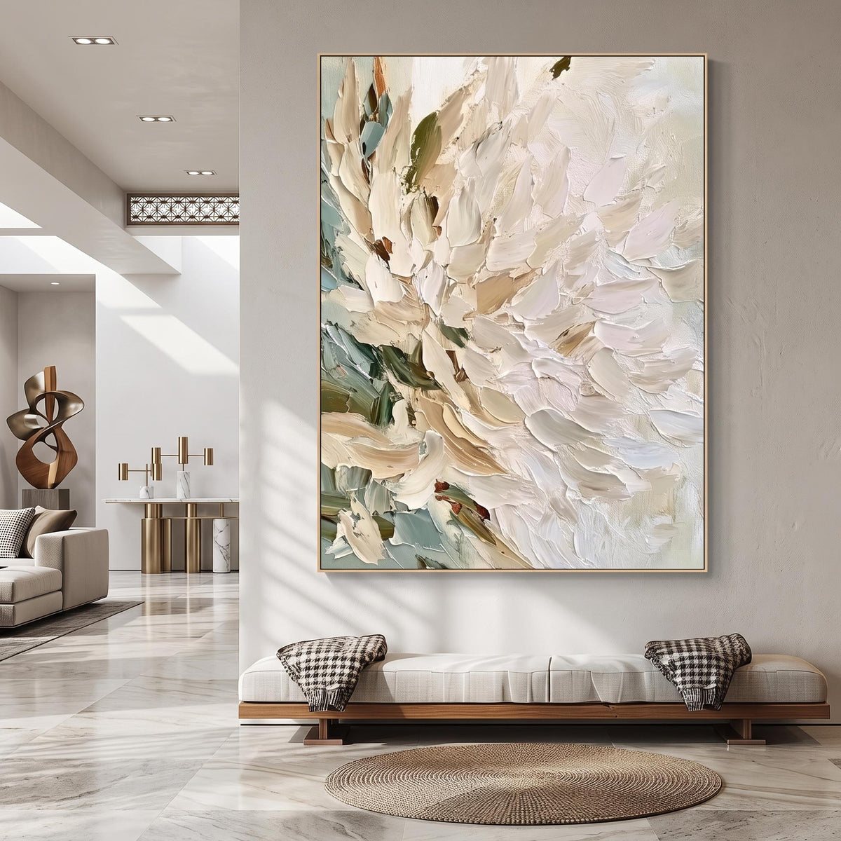 "3D-Textured Art｜Vertical Impasto White Flower" - Modern Heavy Impasto Floral Abstract | 3D Rich Color Palette Knife Painting | Luxury Vertical Wall Art #Q 35