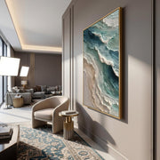 "3D-Textured Art｜Blue Green Coastal Wall" - Modern Heavy Impasto Coastal Landscape | 3D Rich Color Palette Knife Painting | Luxury Vertical Wall Art #Q 47