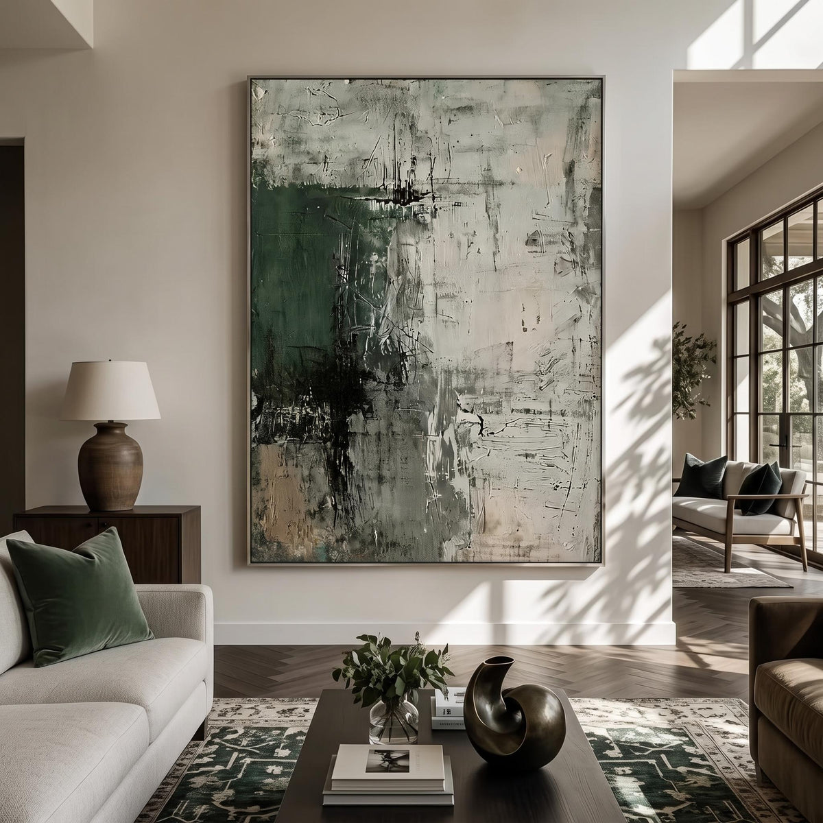 "Abstract Art｜Dark Green Mottled Texture" - Modern Heavy Impasto Abstract Artwork | Rich Color Palette Knife Painting | Luxury Vertical Wall Art #Q 23