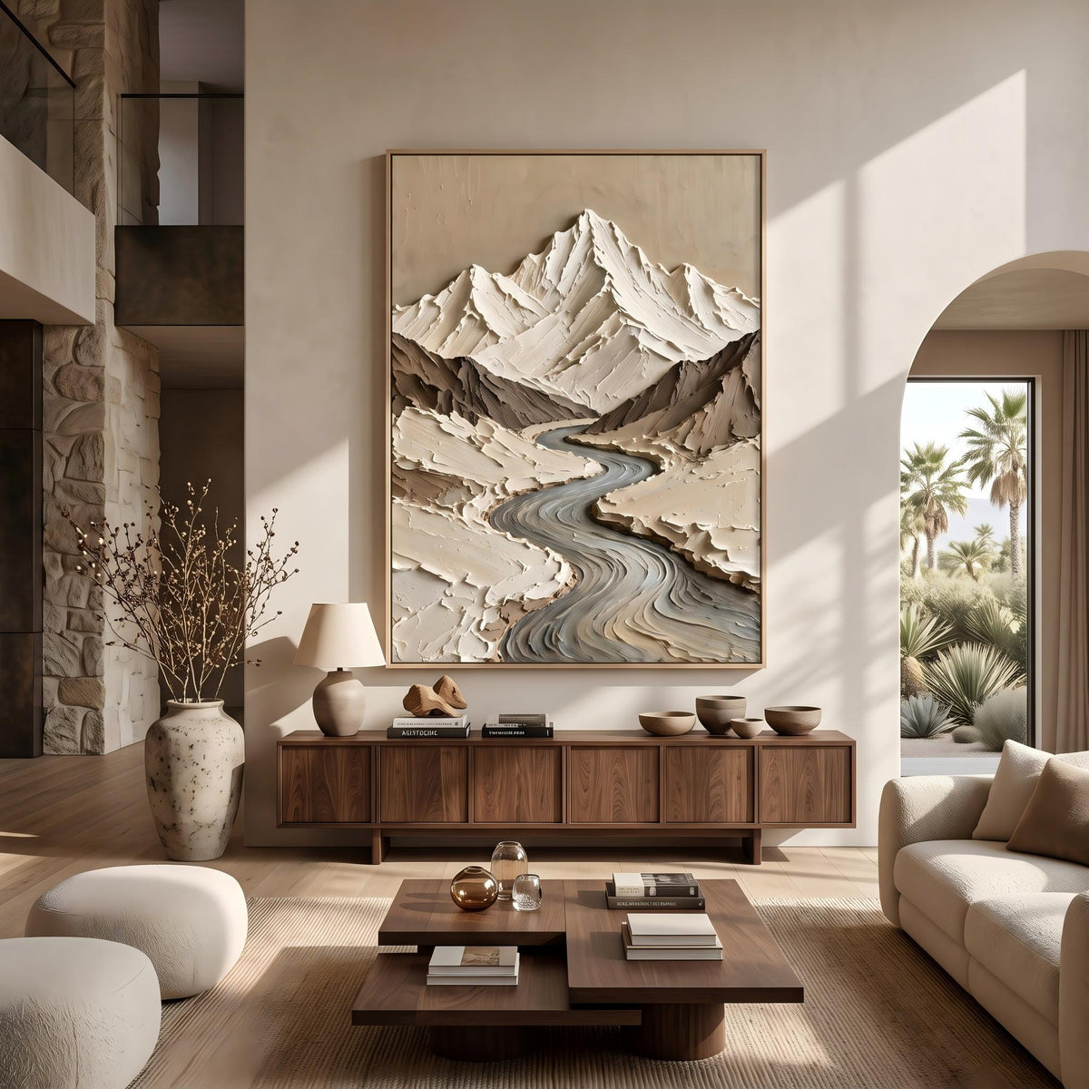 "Wabi‑Sabi Art｜Thick Impasto Mountain Valley Canvas Print" - Modern Heavy Impasto Landscape Artwork | Rich Color Palette Knife Painting | Luxury Vertical Wall Art #Q 17