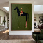 "Abstract Art｜Black Horse & Rider" - Modern Heavy Impasto Western Animal Artwork | Rich Color Palette Knife Painting | Luxury Vertical Wall Art #Q 40
