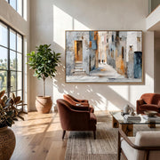 "Impressionist Art｜European Old Town Street" - Modern Heavy Impasto Abstract Artwork | Rich Color Palette Knife Painting | Luxury Horizontal Wall Art #Q 43