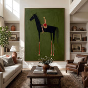 "Abstract Art｜Black Horse & Rider" - Modern Heavy Impasto Western Animal Artwork | Rich Color Palette Knife Painting | Luxury Vertical Wall Art #Q 40