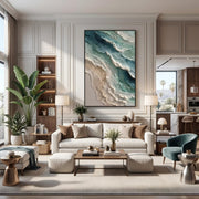 "3D-Textured Art｜Blue Green Coastal Wall" - Modern Heavy Impasto Coastal Landscape | 3D Rich Color Palette Knife Painting | Luxury Vertical Wall Art #Q 47