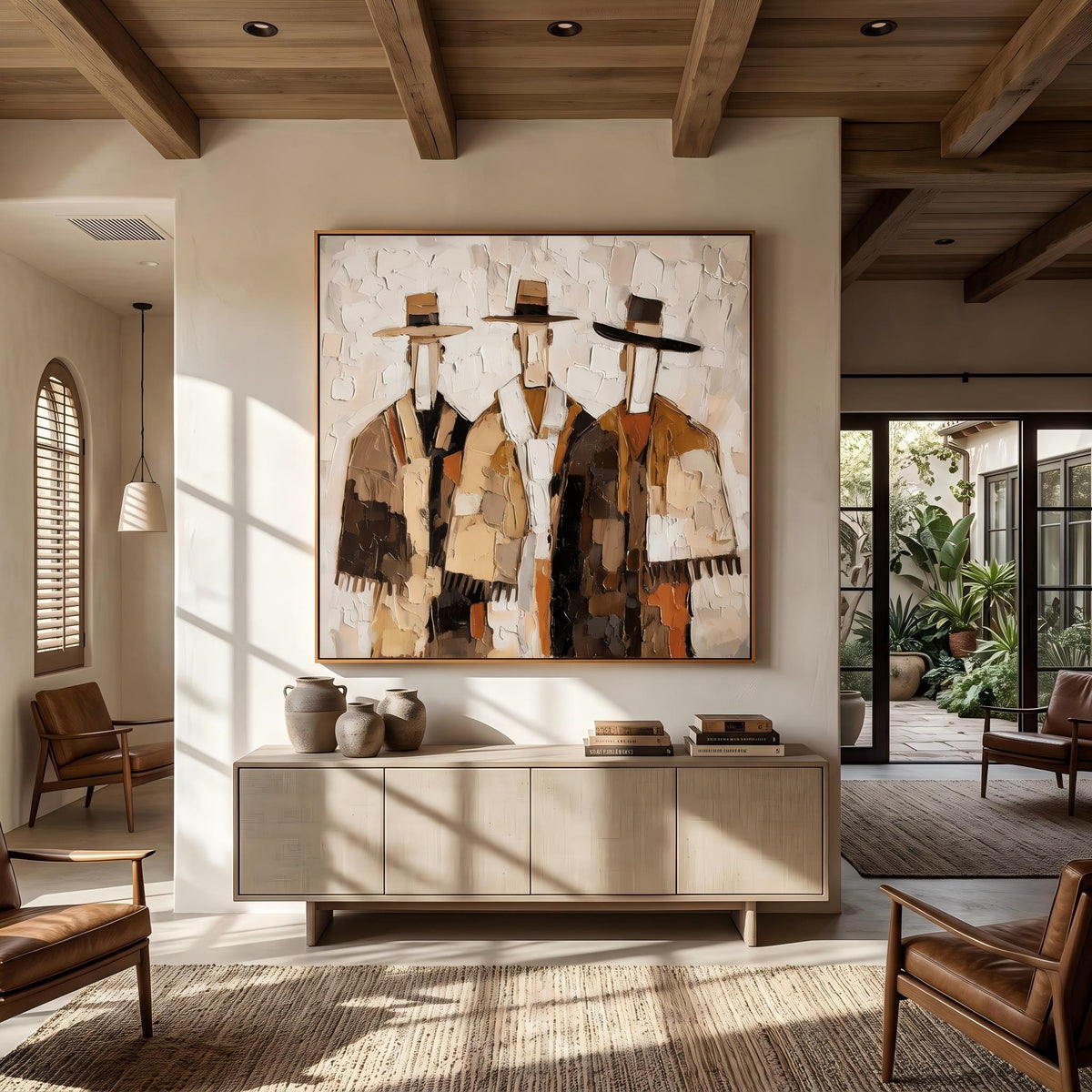"Vintage Americana Art｜Three Cowboys Impasto Wall" - Modern Heavy Impasto Abstract Artwork | Rich Color Palette Knife Painting | Luxury Square Wall Art #Q 42