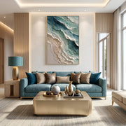 "3D-Textured Art｜Blue Green Coastal Wall" - Modern Heavy Impasto Coastal Landscape | 3D Rich Color Palette Knife Painting | Luxury Vertical Wall Art #Q 47