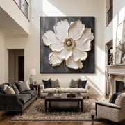 "3d Textured Art｜Square White‑Gold Flower" - Modern Heavy Impasto Floral Abstract | 3D Rich Color Palette Knife Painting | Luxury Square Wall Art #Q 25