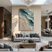 "3D-Textured Art｜Blue Green Coastal Wall" - Modern Heavy Impasto Coastal Landscape | 3D Rich Color Palette Knife Painting | Luxury Vertical Wall Art #Q 47