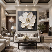"3d Textured Art｜Square White‑Gold Flower" - Modern Heavy Impasto Floral Abstract | 3D Rich Color Palette Knife Painting | Luxury Square Wall Art #Q 25