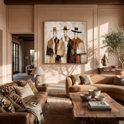 "Vintage Americana Art｜Three Cowboys Impasto Wall" - Modern Heavy Impasto Abstract Artwork | Rich Color Palette Knife Painting | Luxury Square Wall Art #Q 42
