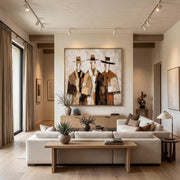 "Vintage Americana Art｜Three Cowboys Impasto Wall" - Modern Heavy Impasto Abstract Artwork | Rich Color Palette Knife Painting | Luxury Square Wall Art #Q 42