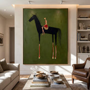 "Abstract Art｜Black Horse & Rider" - Modern Heavy Impasto Western Animal Artwork | Rich Color Palette Knife Painting | Luxury Vertical Wall Art #Q 40