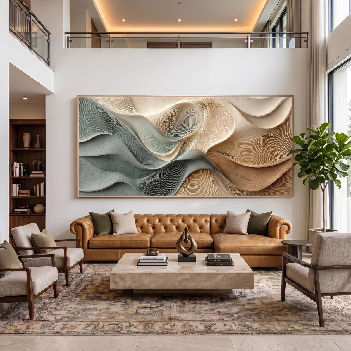 "3D Texture Abstract Art｜Dusty Blue Beige Heavy‑Texture Wave Canvas Print" - Modern Heavy Impasto Ocean Wave Seascape | 3D Rich Color Palette Knife Painting | Luxury Two-Panel Vertical Wall Art #Q 14