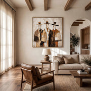 "Vintage Americana Art｜Three Cowboys Impasto Wall" - Modern Heavy Impasto Abstract Artwork | Rich Color Palette Knife Painting | Luxury Square Wall Art #Q 42