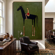 "Abstract Art｜Black Horse & Rider" - Modern Heavy Impasto Western Animal Artwork | Rich Color Palette Knife Painting | Luxury Vertical Wall Art #Q 40