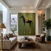 "Abstract Art｜Black Horse & Rider" - Modern Heavy Impasto Western Animal Artwork | Rich Color Palette Knife Painting | Luxury Vertical Wall Art #Q 40