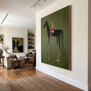 "Abstract Art｜Black Horse & Rider" - Modern Heavy Impasto Western Animal Artwork | Rich Color Palette Knife Painting | Luxury Vertical Wall Art #Q 40