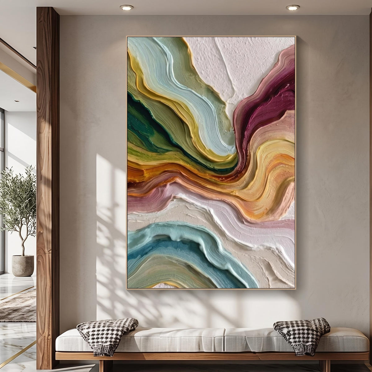 "3D-Textured Art｜Multicolor Layer Flow Abstract Wall" - Modern Heavy Impasto Abstract Artwork | 3D Rich Color Palette Knife Painting | Luxury Two-Panel Vertical Wall Art #Q 36