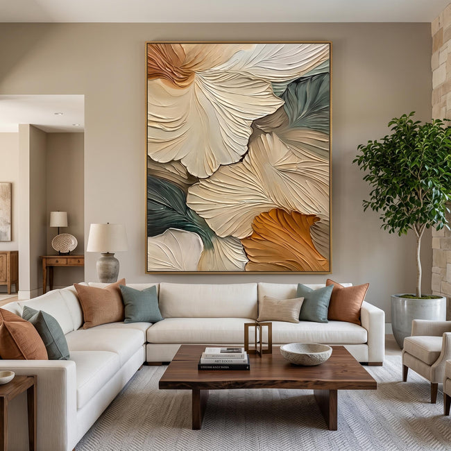 "3D-Textured Art｜Abstract Ginkgo Leaf" - Modern Heavy Impasto Botanical Tree Artwork | 3D Rich Color Palette Knife Painting | Luxury Vertical Wall Art #Q 30