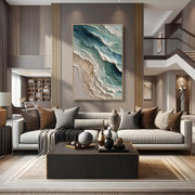 "3D-Textured Art｜Blue Green Coastal Wall" - Modern Heavy Impasto Coastal Landscape | 3D Rich Color Palette Knife Painting | Luxury Vertical Wall Art #Q 47