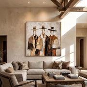 "Vintage Americana Art｜Three Cowboys Impasto Wall" - Modern Heavy Impasto Abstract Artwork | Rich Color Palette Knife Painting | Luxury Square Wall Art #Q 42