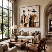 "Vintage Americana Art｜Three Cowboys Impasto Wall" - Modern Heavy Impasto Abstract Artwork | Rich Color Palette Knife Painting | Luxury Square Wall Art #Q 42