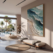 "3D-Textured Art｜Blue Green Coastal Wall" - Modern Heavy Impasto Coastal Landscape | 3D Rich Color Palette Knife Painting | Luxury Vertical Wall Art #Q 47