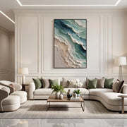 "3D-Textured Art｜Blue Green Coastal Wall" - Modern Heavy Impasto Coastal Landscape | 3D Rich Color Palette Knife Painting | Luxury Vertical Wall Art #Q 47