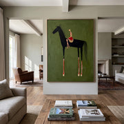 "Abstract Art｜Black Horse & Rider" - Modern Heavy Impasto Western Animal Artwork | Rich Color Palette Knife Painting | Luxury Vertical Wall Art #Q 40
