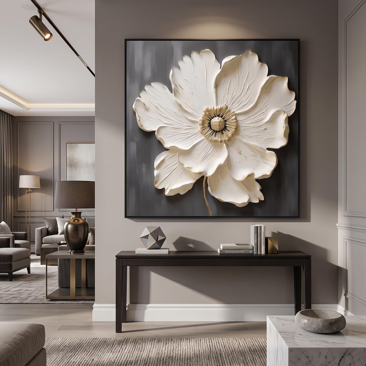 "3d Textured Art｜Square White‑Gold Flower" - Modern Heavy Impasto Floral Abstract | 3D Rich Color Palette Knife Painting | Luxury Square Wall Art #Q 25