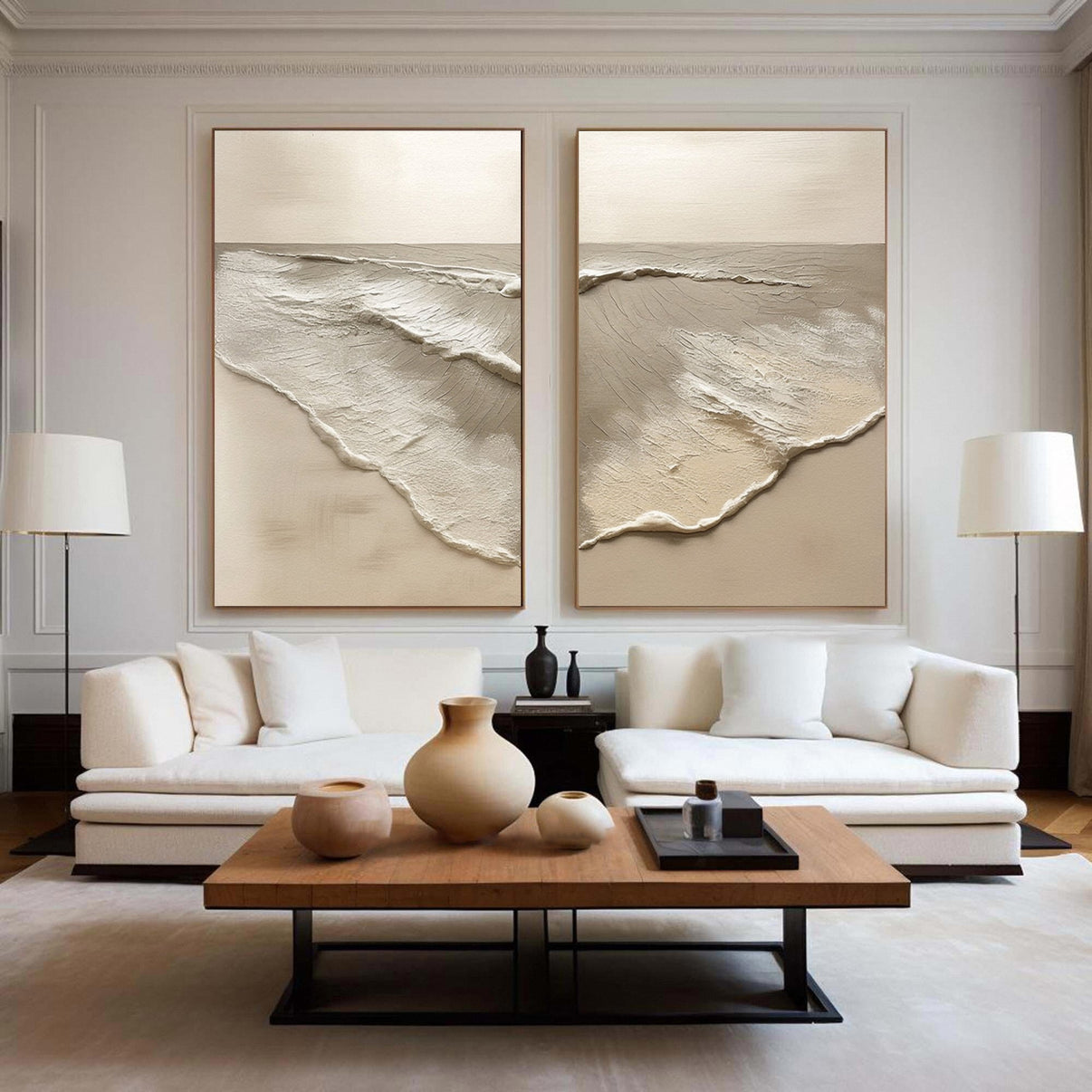 Abstract Beach Pair with Naturally Textured Muted Tones #BGA 220 — Front View | Abstract Oil Painting for Home Decor
