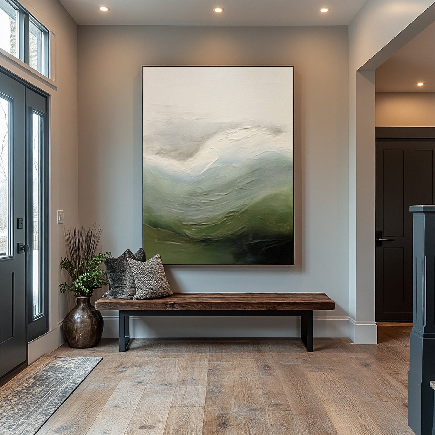 Abstract Landscape with Rolling Forms in Greens and Blues #BGA 336 — Front View | Abstract Oil Painting for Home Decor