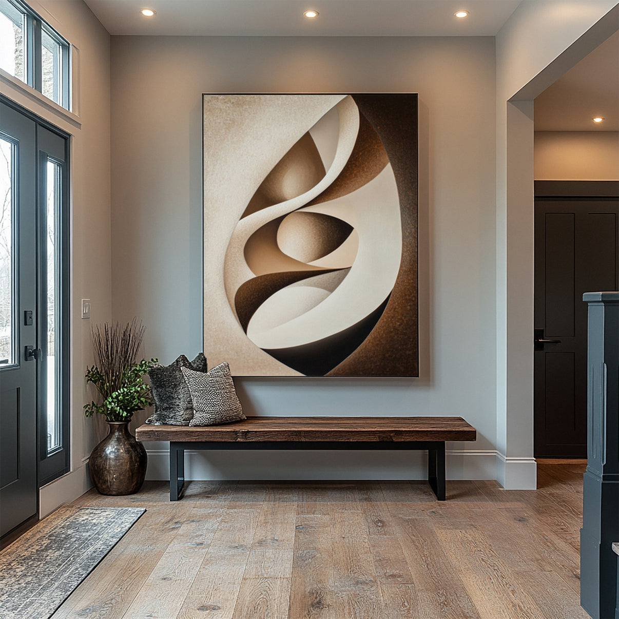 Abstract Canvas in Cream and Brown Interplay Within an Oval #BGA 299 — Front View | Abstract Oil Painting for Home Decor