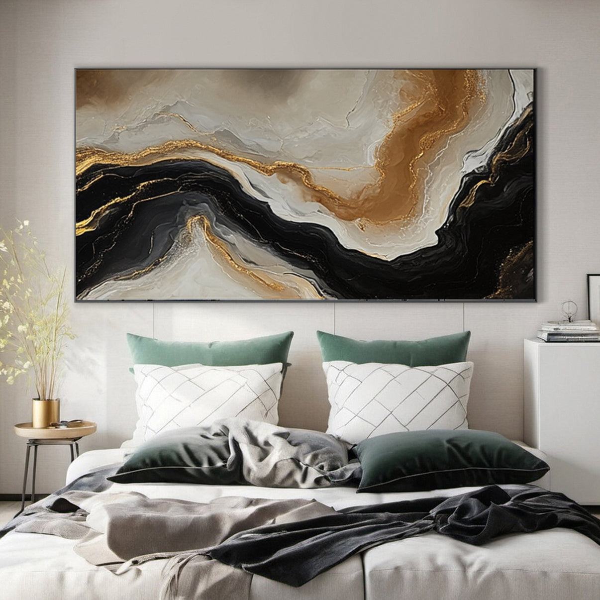 Abstract Ripples Gold and Black Wall Art #BBM 064 — Front View | Abstract Oil Painting for Home Decor