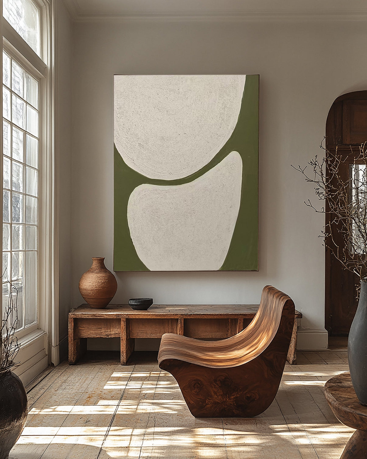Abstract Painting with Creamy Textured Shapes on Olive Green #BGA 342 — Front View | Abstract Oil Painting for Home Decor
